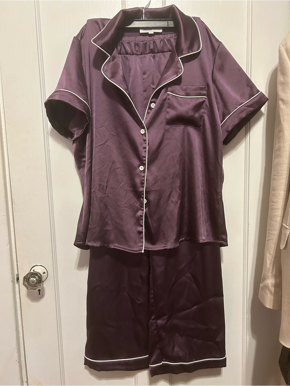 Revelry Silky Short-Sleeve Pajama Set in Deep Plum with Contrast Piping